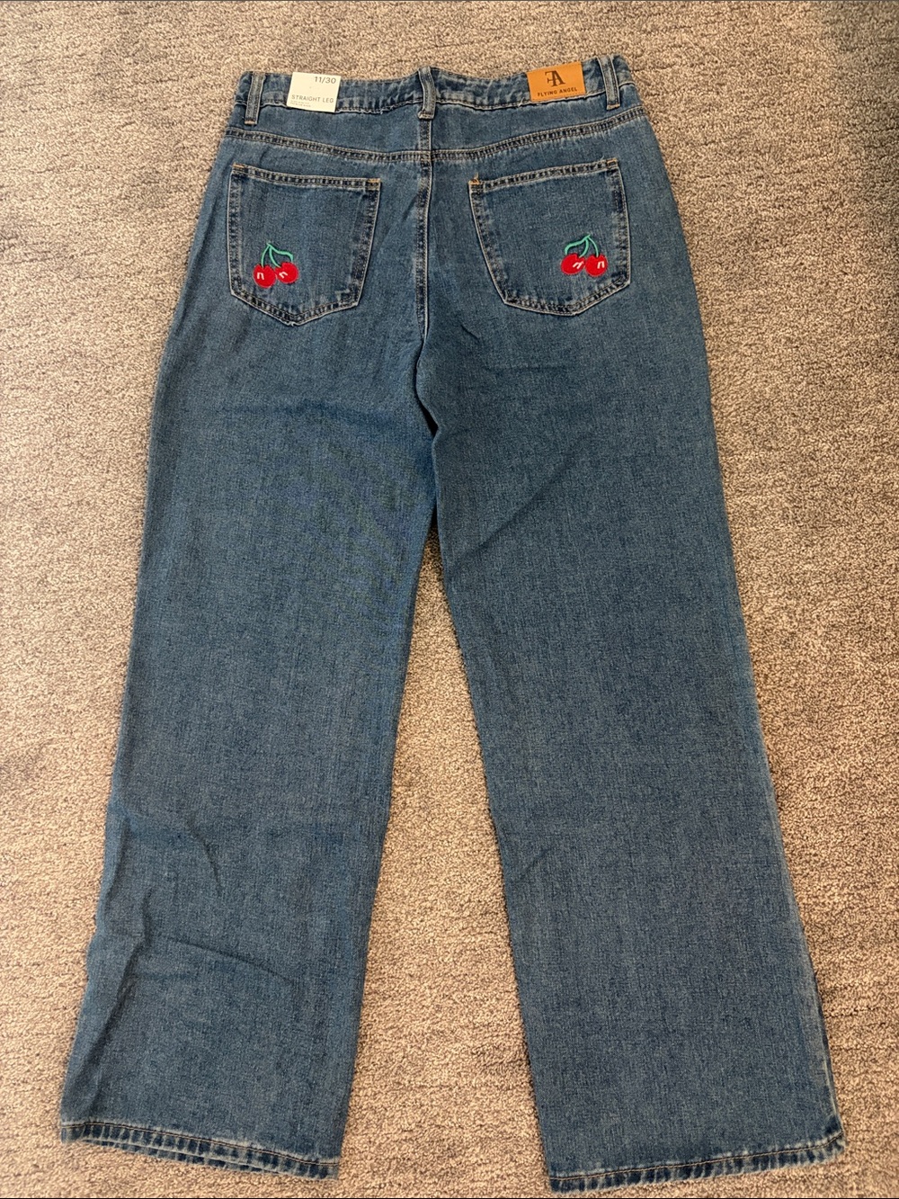 Flying Angel Straight Leg Jeans in Indigo Wash & Cherry Detail